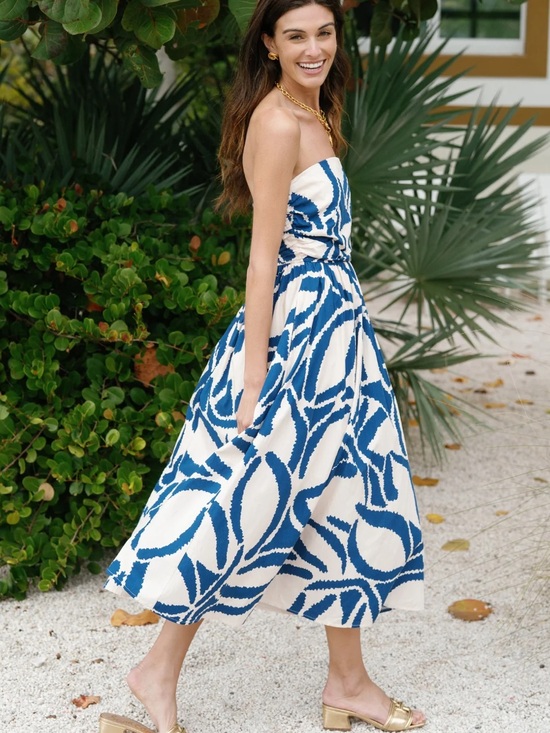Dress Forum Dresses & Skirts - Dress Forum Strapless Blue & Cream Abstract Print Dress Large NWT Flowy Feminine